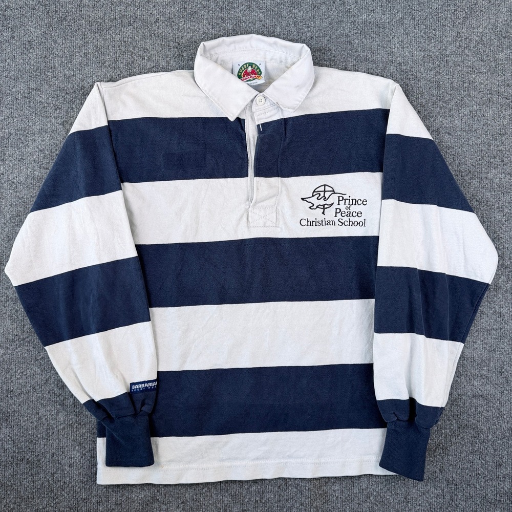 VTG Barbarian Rugby Shirt Mens S Blue White Striped Prince of Peace Christian